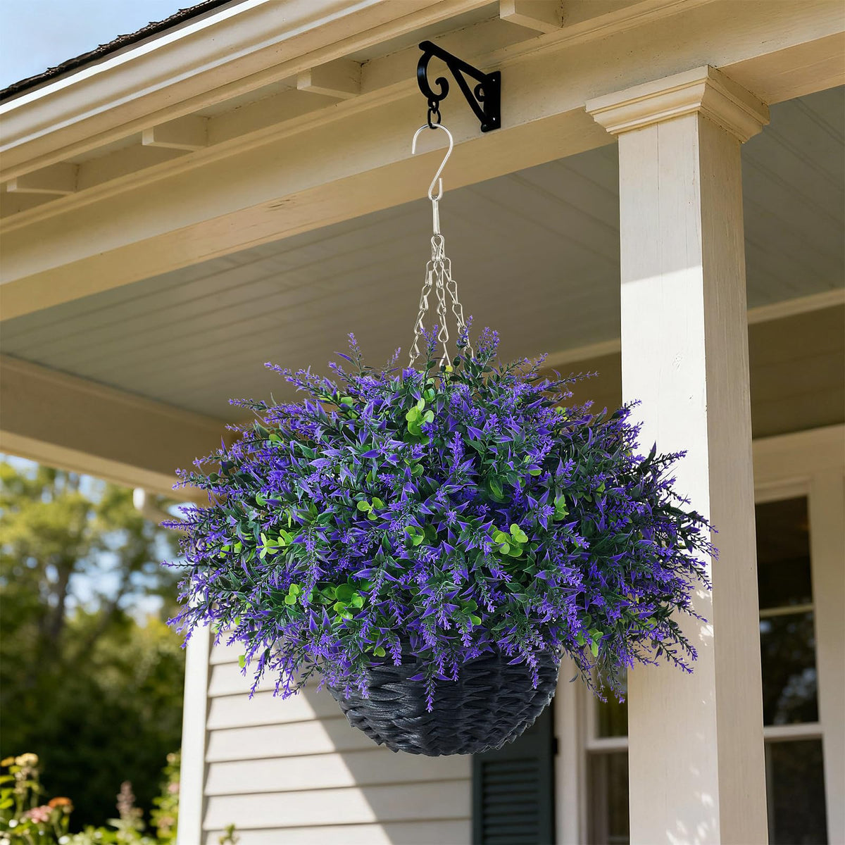 2 Set Artificial Eucalyptus & Lavender Hanging Basket for Front Porch Decor