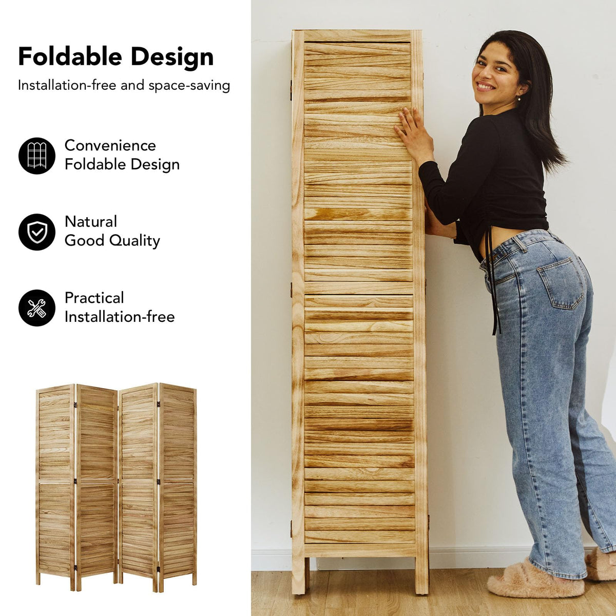 Room Partitions and Dividers, Temporary Wall with Double Hinges, 5.6 Ft Tall Folding Louver Wood Screen Bedroom Hotel