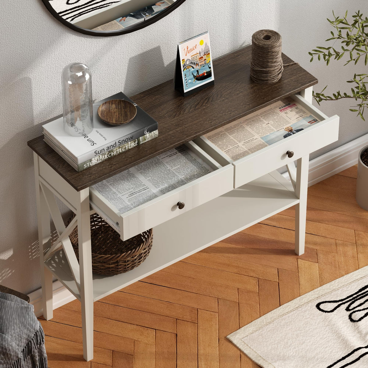 39" Farmhouse Entryway Table with Drawers and Storage Shelf
