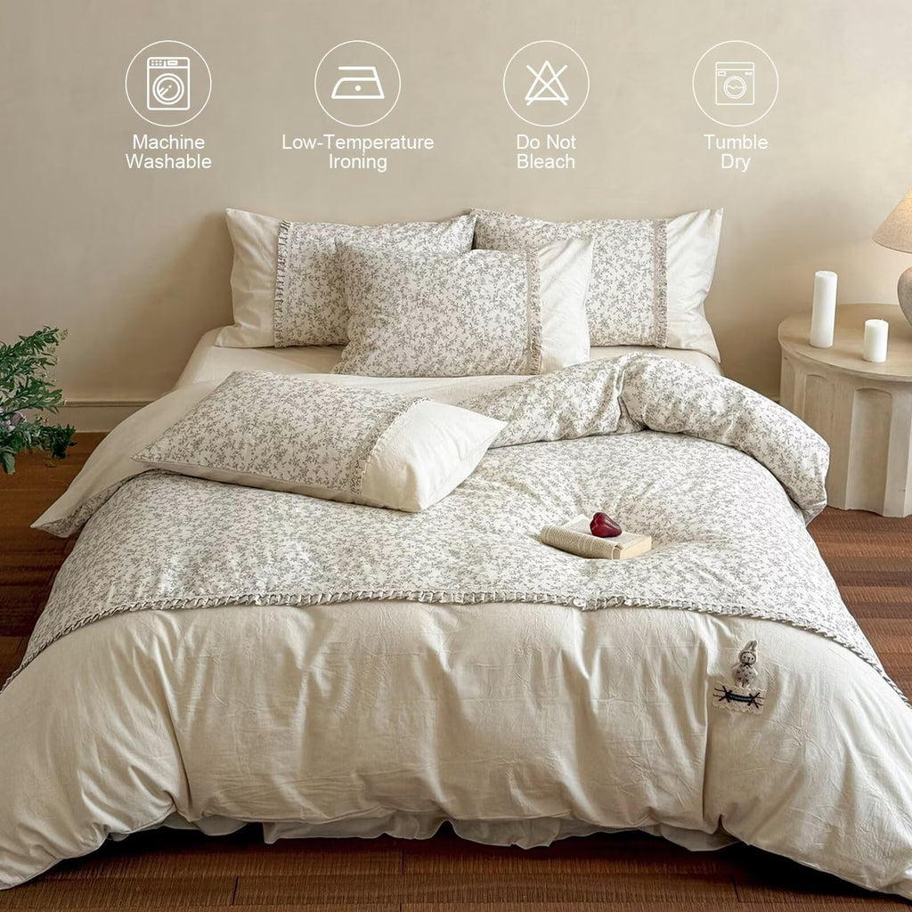 Floral Duvet Cover with 2 Pillowcases, 80"×90", Cotton Linen