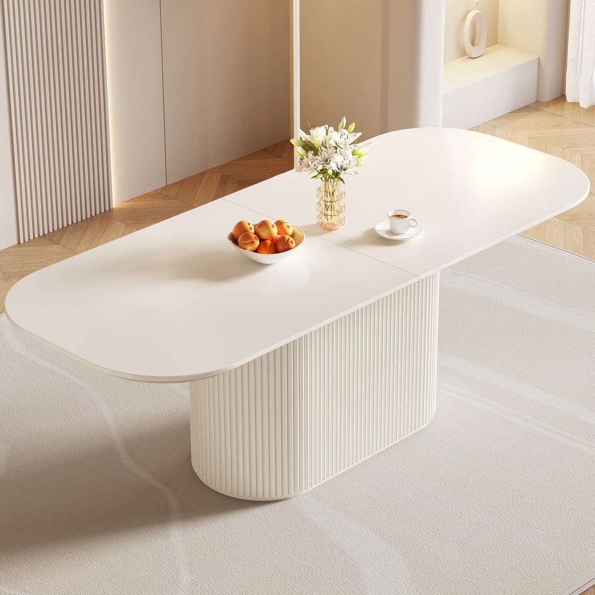 Inspired Saarinen Style 86.61" Large Cream White Dining Table with Strong Pedestal Modern Oval Dining Room Table for 8 People Cream Kichen