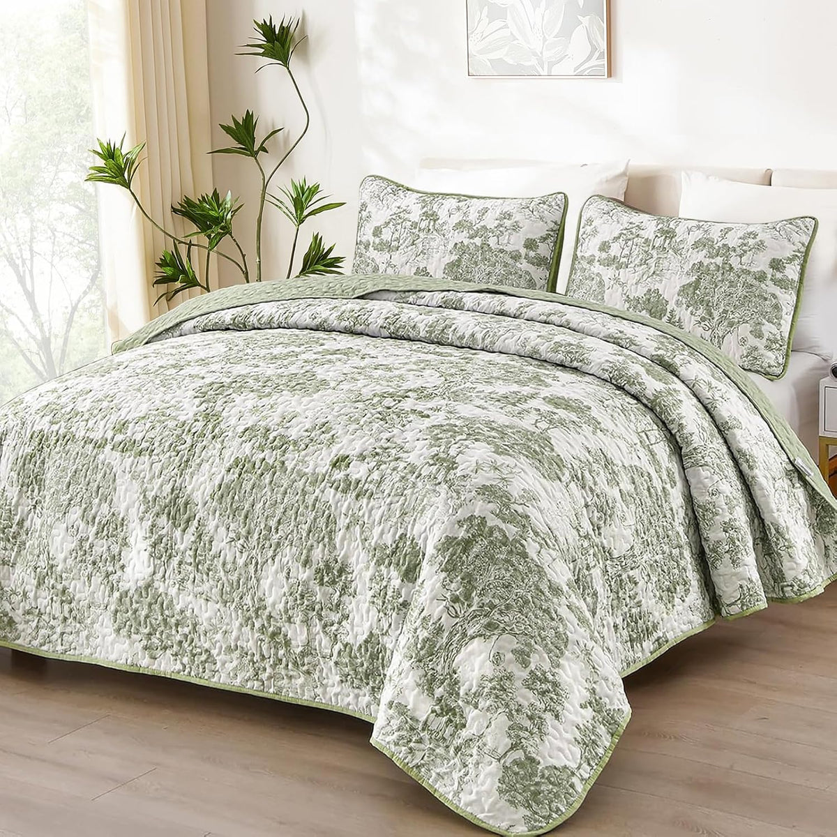 Sage Green Quilt Set King, Botanical Floral Bedspread - Set of 3