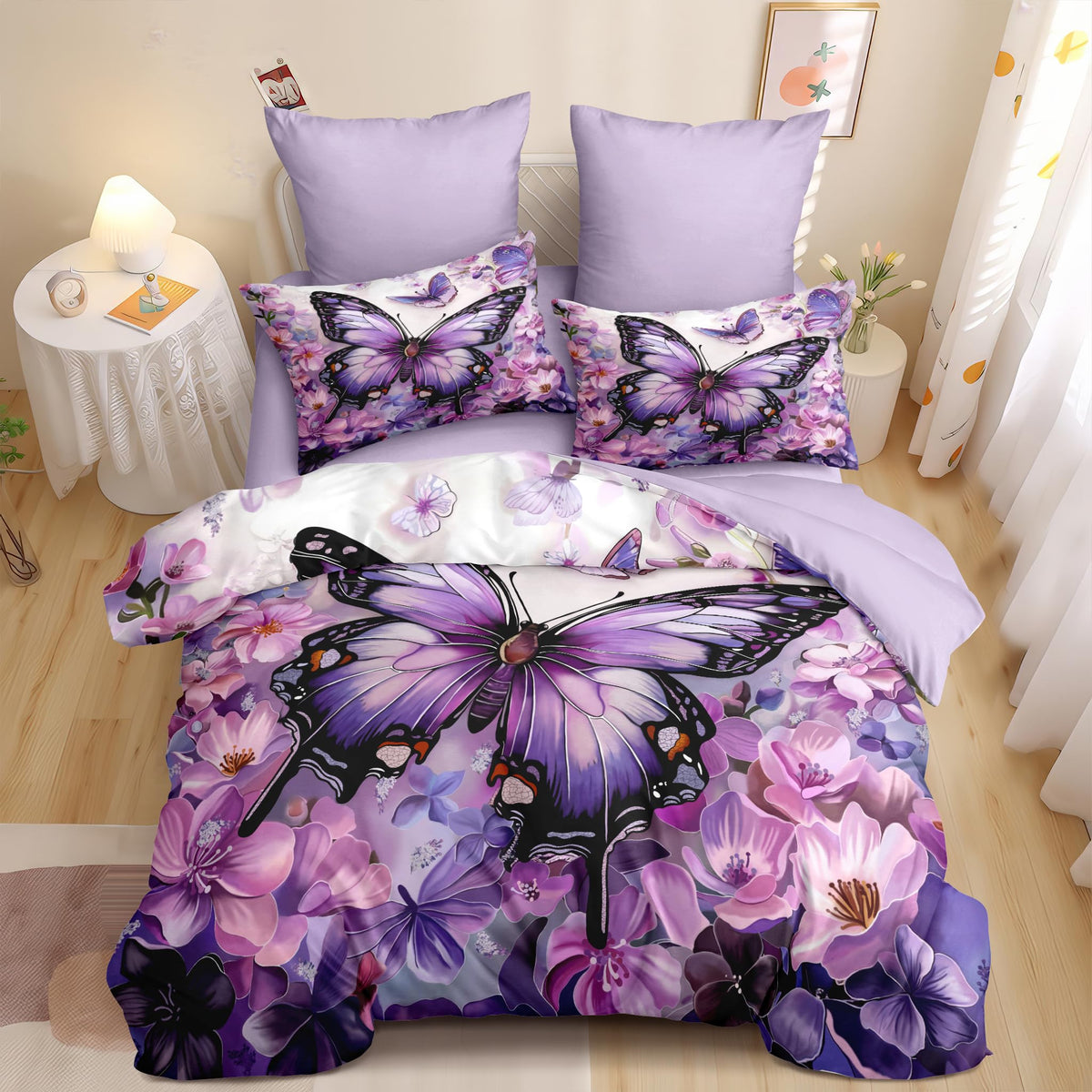 Purple Butterfly Comforter Set Queen Size Aesthetic Flowers Bedding Set for Women Girls Victorian Decor Quilt Set