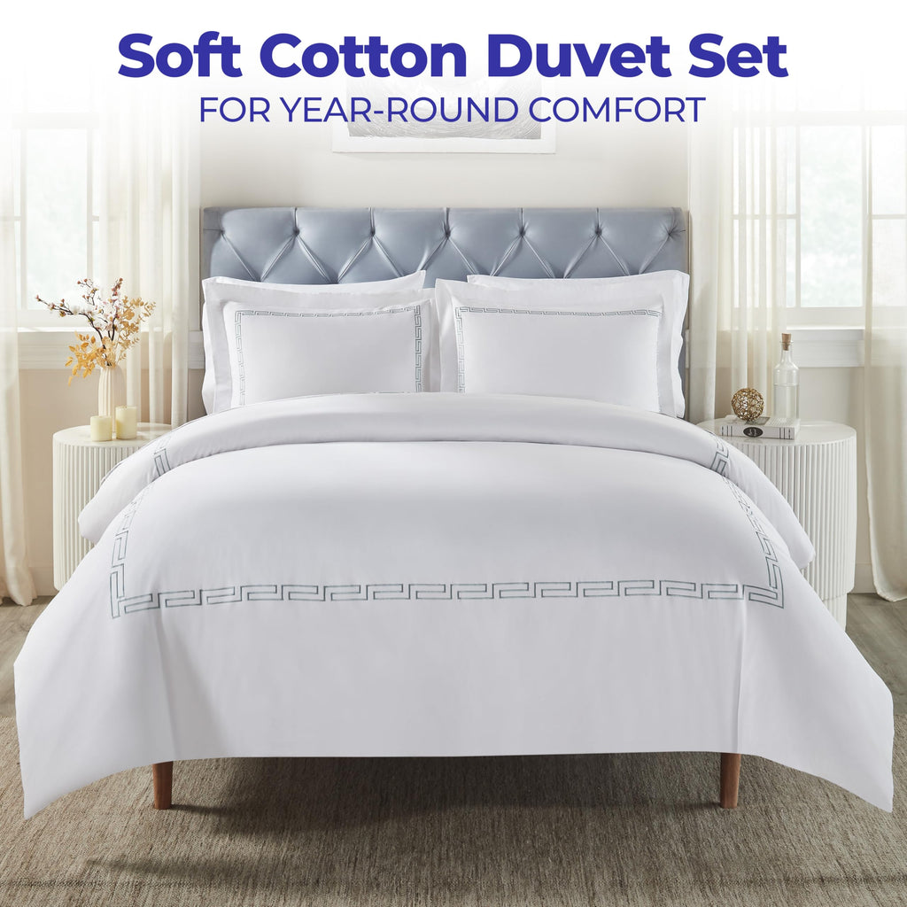 Embroidered Cotton Duvet Cover Set, Soft Bedding Covers, 1 Duvet Cover with Button Closure, 2 Pillow Shams, Greek Key
