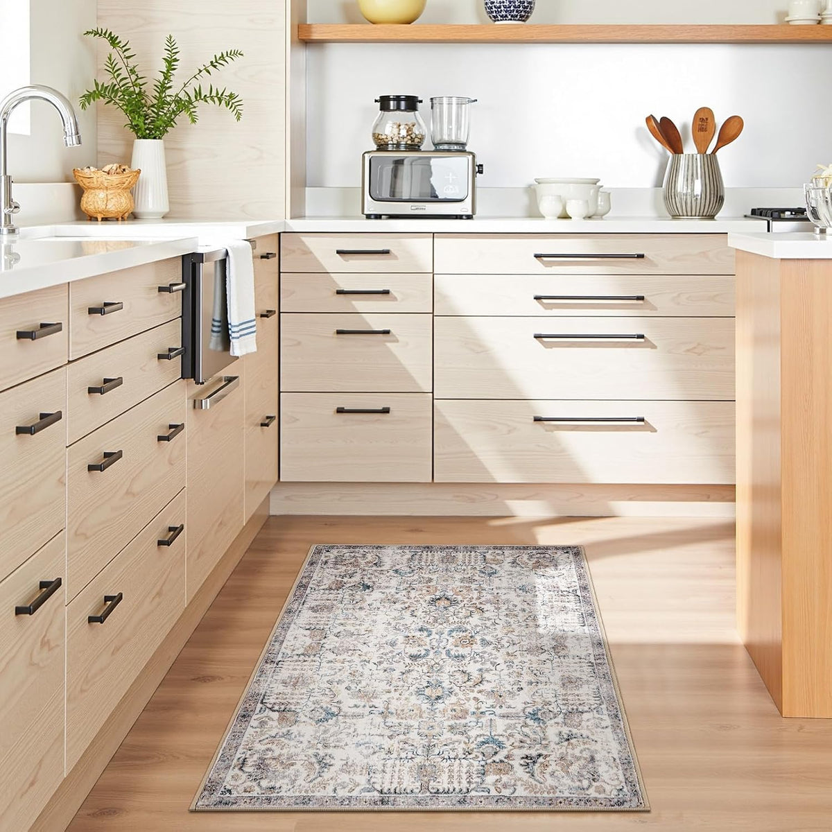 Vintage Floral Area Rug, Washable Entryway Rug, Blue