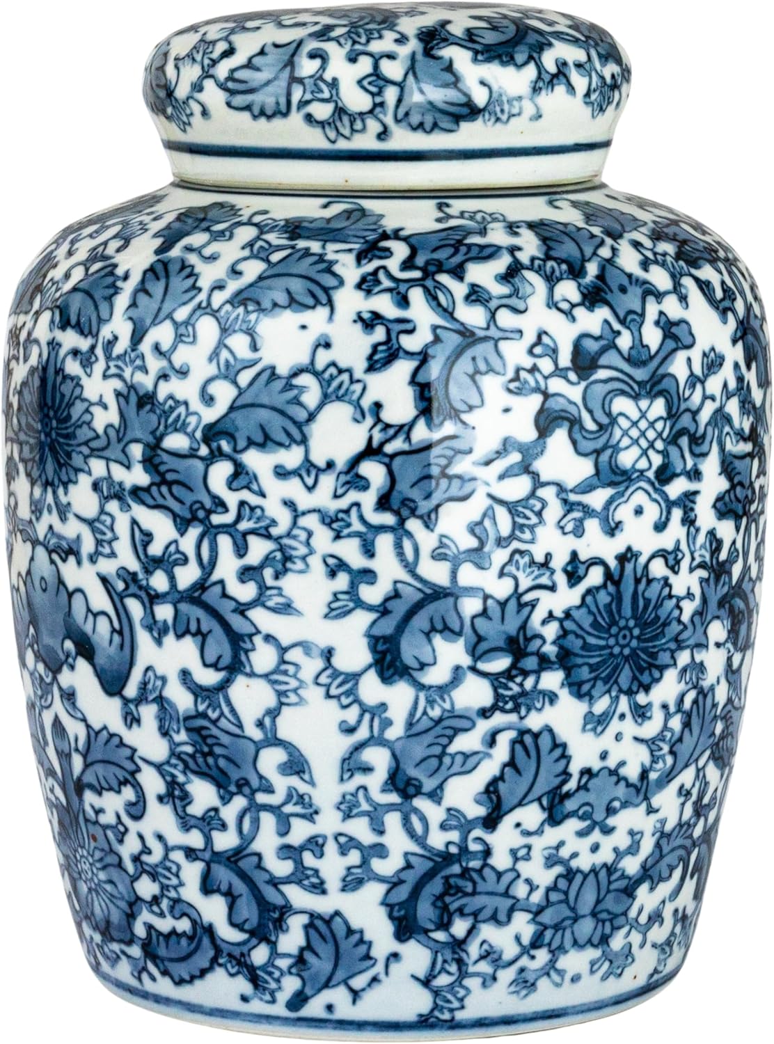 Medium Decorative Ceramic Ginger Jar with Lid, Blue and White Floral Pattern