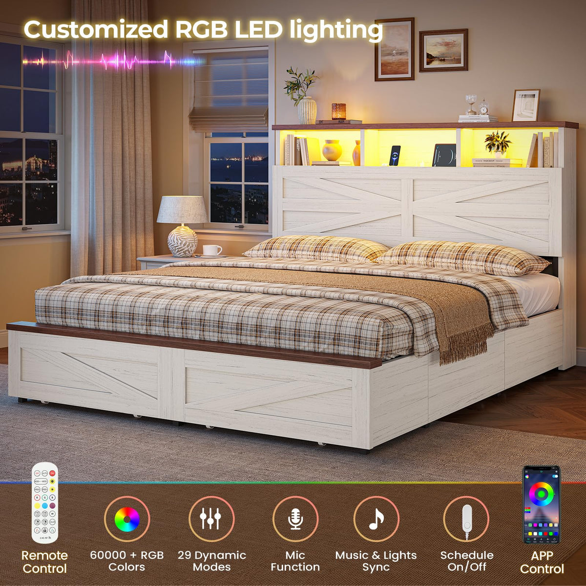 Bed Frame with 6 Drawers, Farmhouse Bed Frame with Barn Door Headboard and Storage, Wood Platform Bed Frame