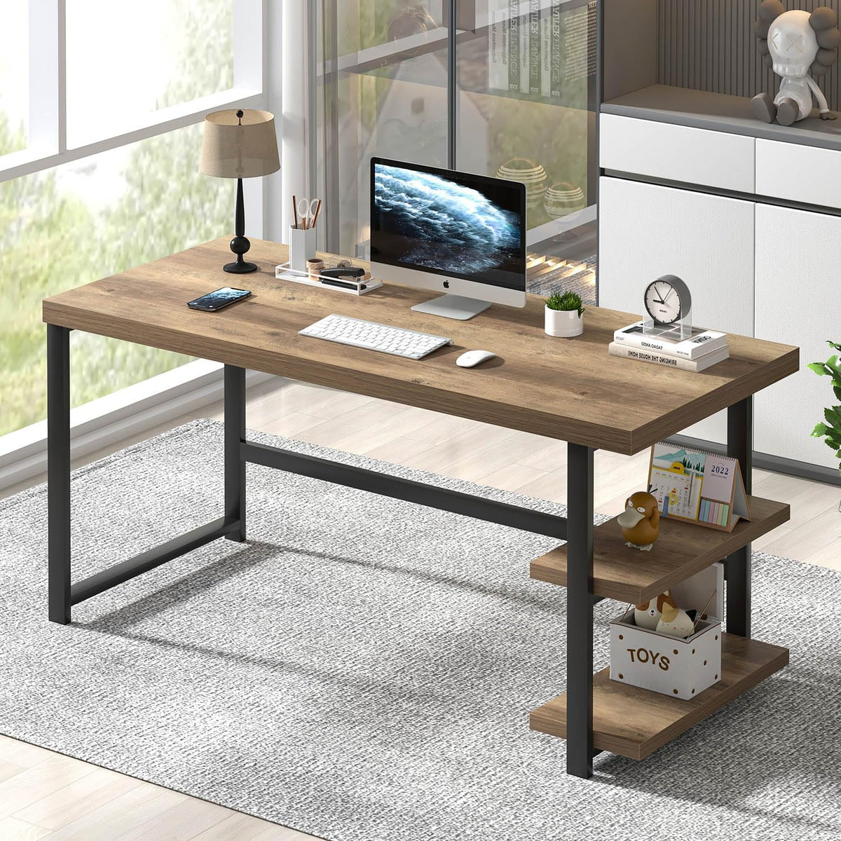 60 Inch Home Office Desk, Large Computer Desk with Storage Shelves, Modern Wood and Metal Writing Study Gaming Table