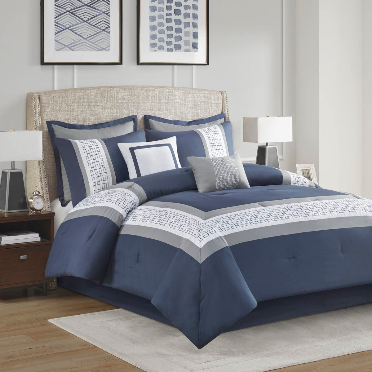 Powell Cozy Comforter Set, Hotel Style Border Design with Geometric Embroidery Details, All Season Bedding with