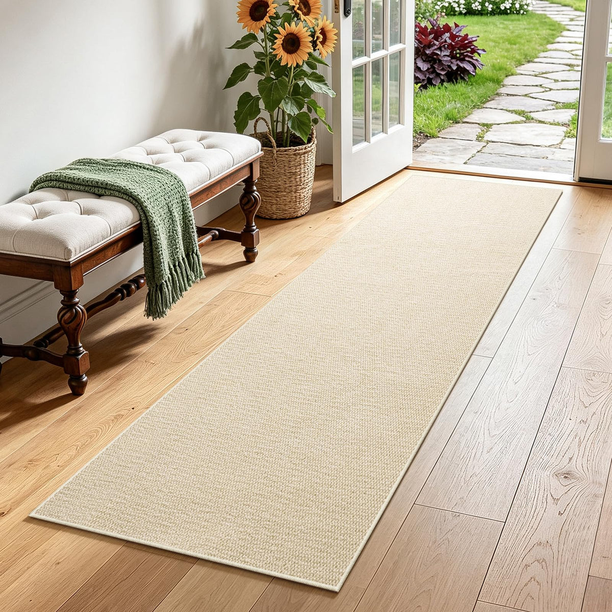 Faux Jute Runner Rug, Washable & Non-Slip, Off White