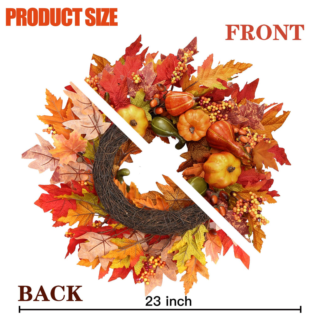 Fall Wreath 23'' Artificial Autumn Front Door Wreath with Large Pumpkins Clusters of Berries Maple Leaves Acorn for
