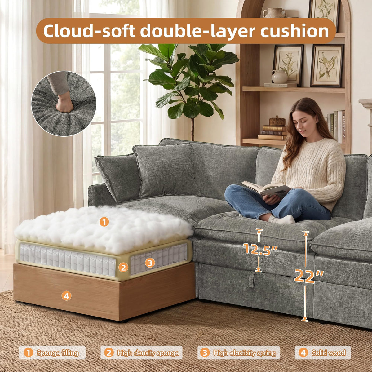 Modular Sectional Sofa Bed with Storage Ottomans, 135" Cloud Couch, 6-Seater Comfy Modern Couches with Pillows &