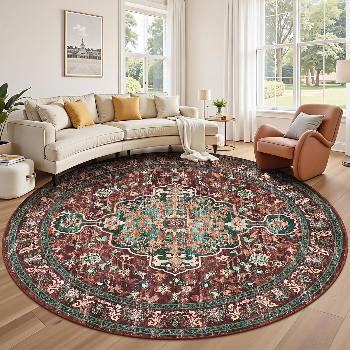 Boho Round Area Rug 8ft Machine Washable Carpet, Rust&Teal