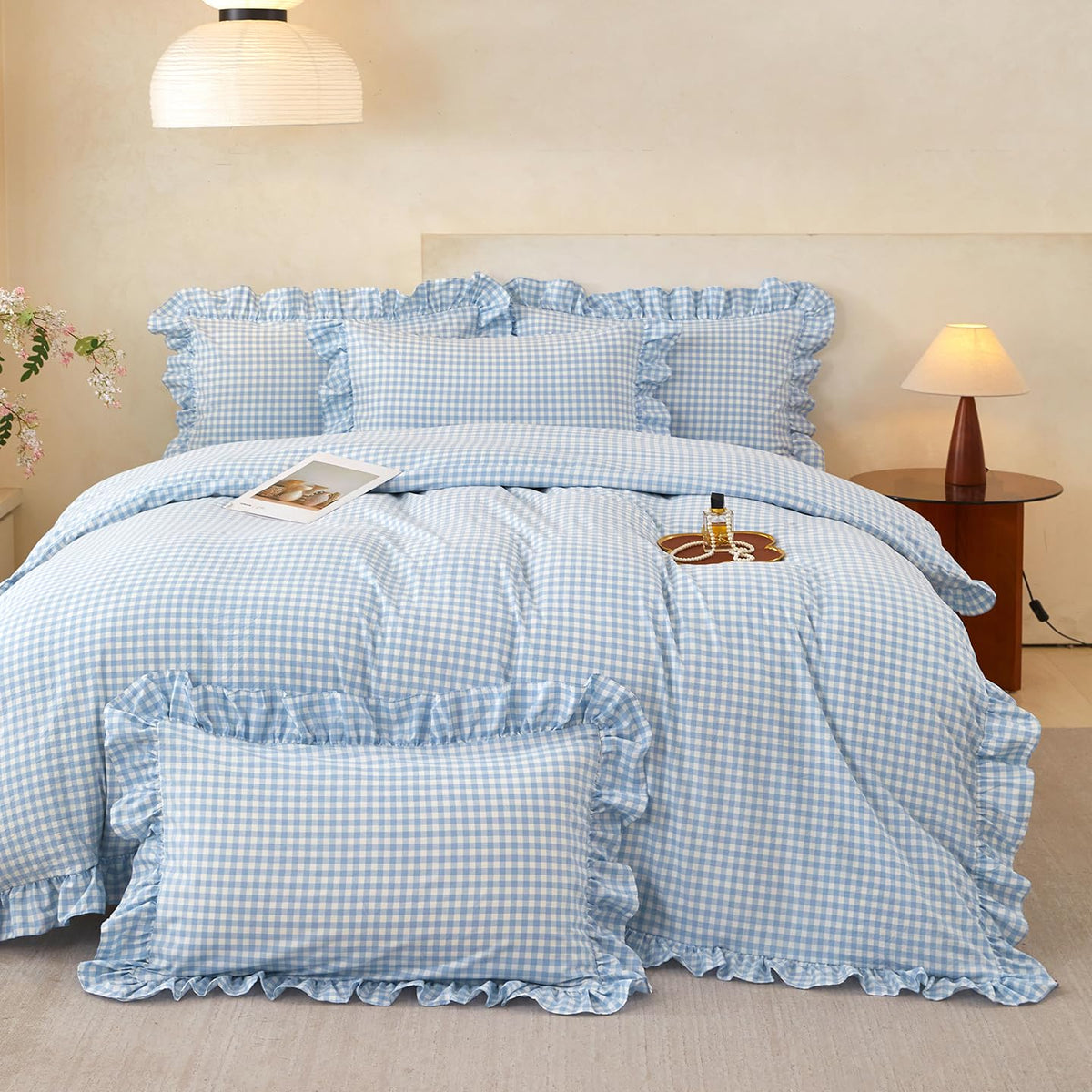 Gingham Ruffle Duvet Cover, Blue Bedding, Farmhouse French Country Style for Bed Decor, 3PCS - Duvet Cover