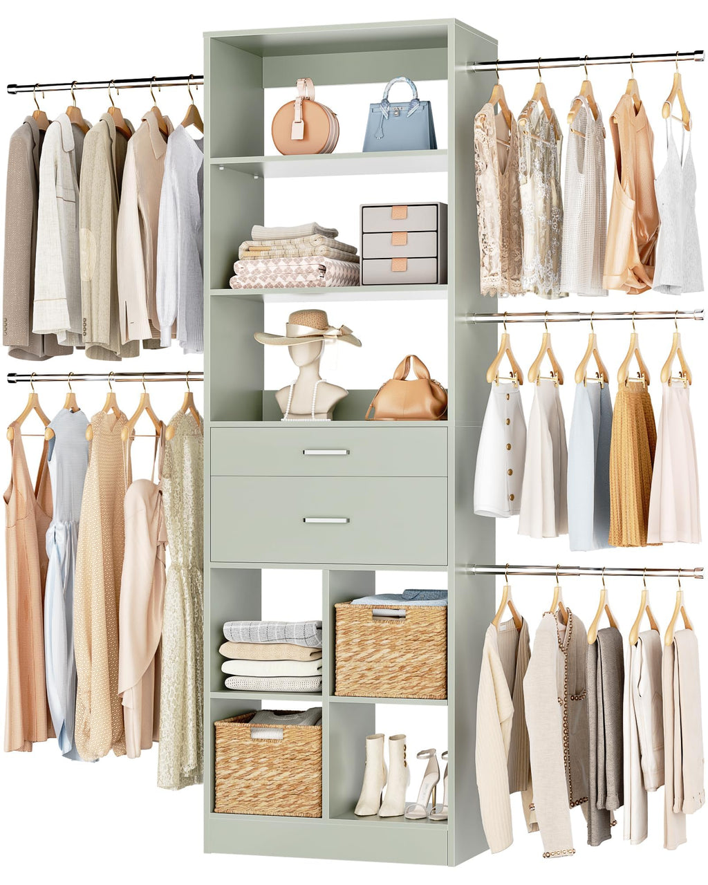 Small Closet System, 3.2-6.8FT Small Closet Organizer with 2 Wooden Drawers & 5 Hanging Rods, Can Fit 37.5 to 81.9