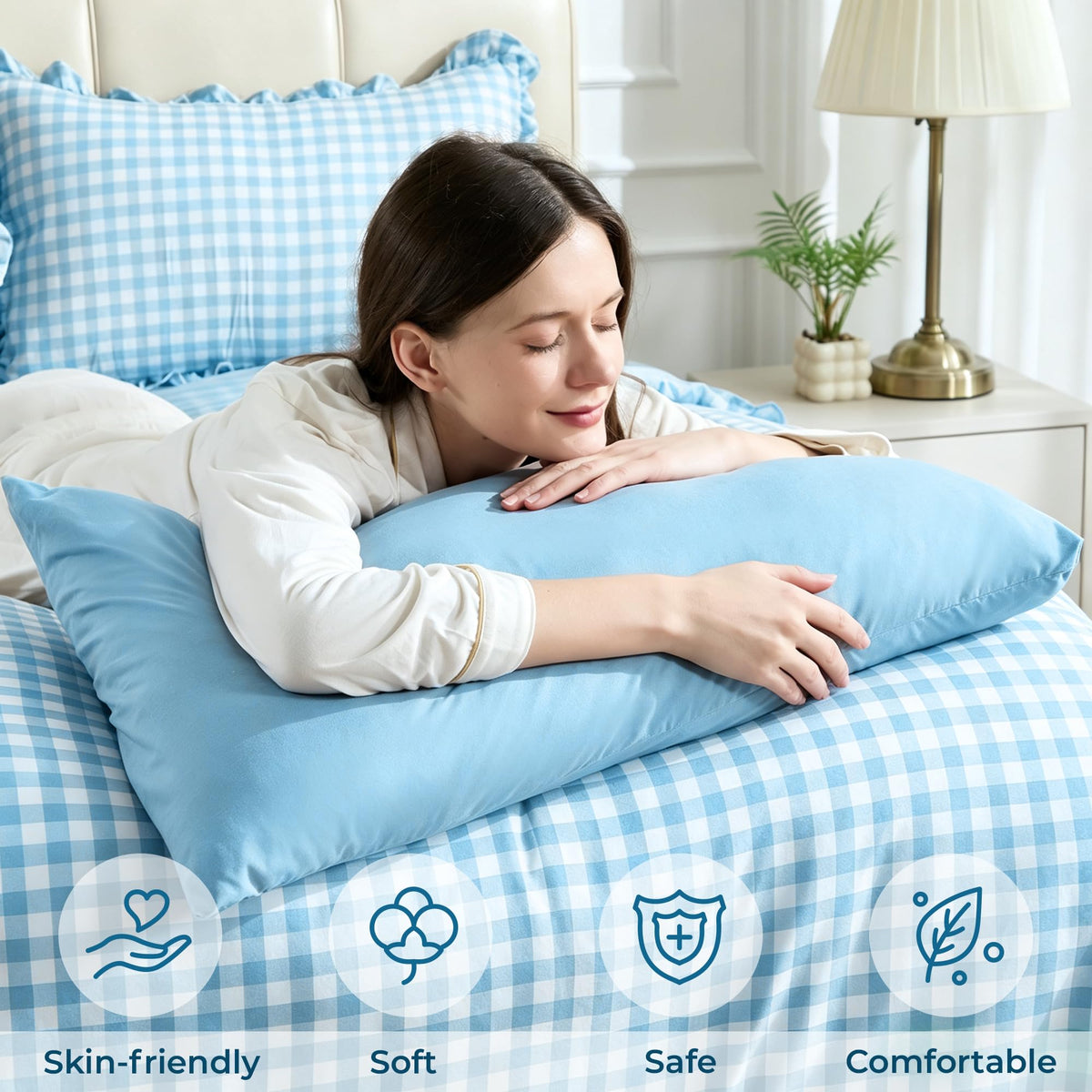 7 Pieces Gingham Ruffle Comforter Set, Blue Grid Tartan Bedding Set, Soft Breathable Fabric Comforter