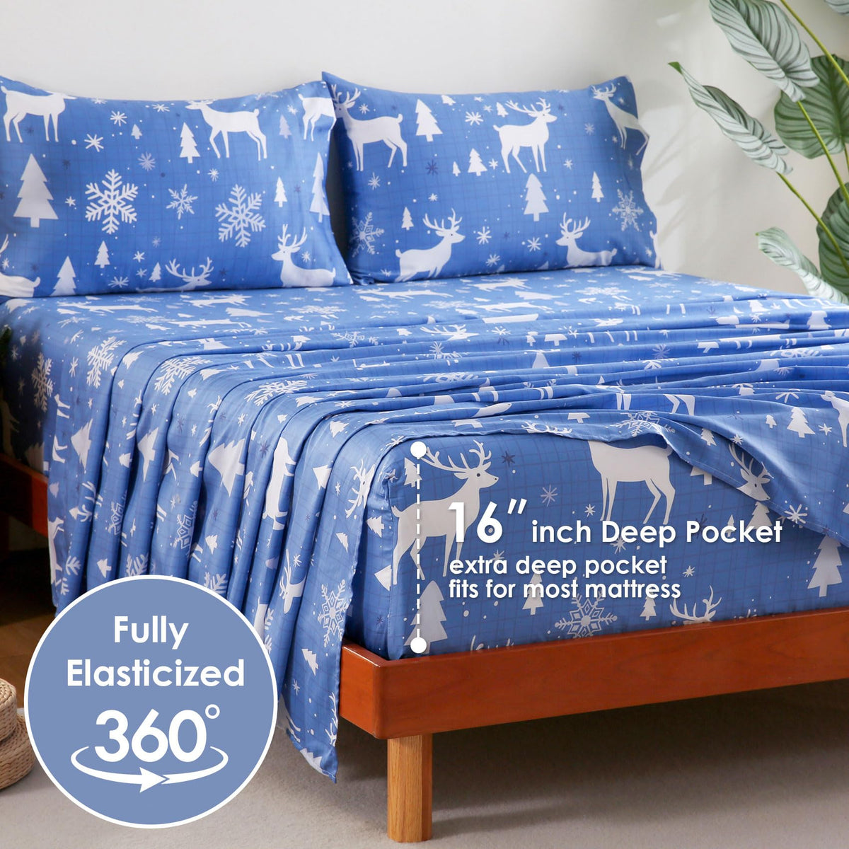 Blue Buffalo Plaid Deer Printed Cotton Sheet Set Deep Pocket
