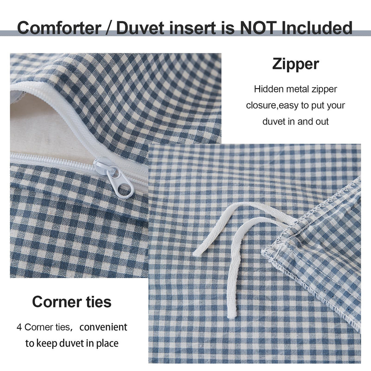 Vintage Blue Plaid Duvet Cover Set 100% Washed Cotton 3-Piece