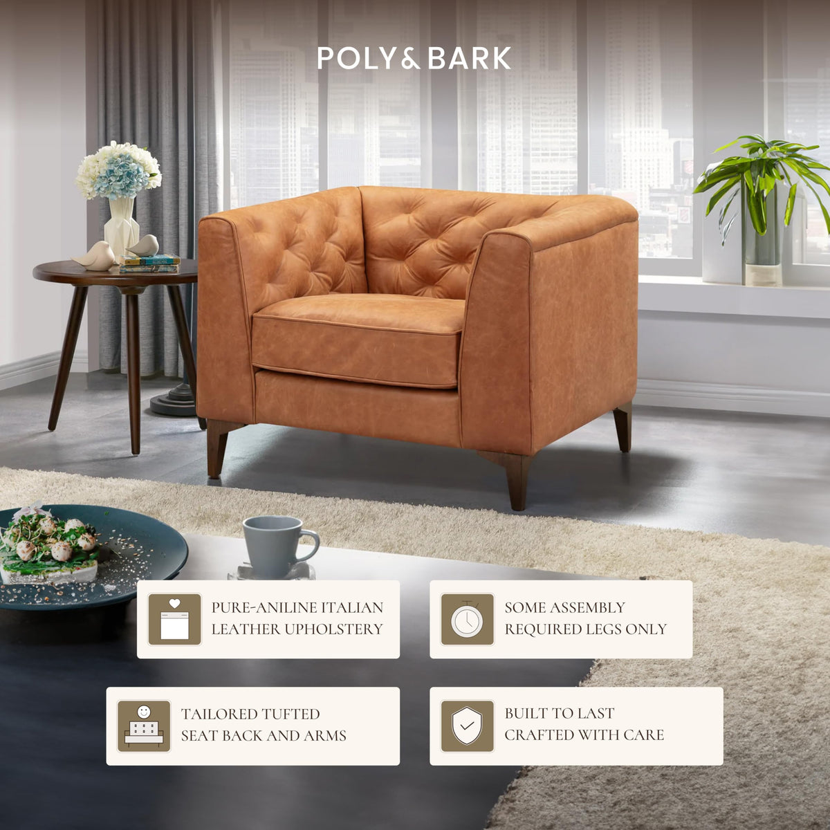 & BARK Essex 40" Lounge Chairs Set of 2 - Cognac Tan Full-Grain Pure-Aniline or Semi-Aniline Italian Leather, Tufted