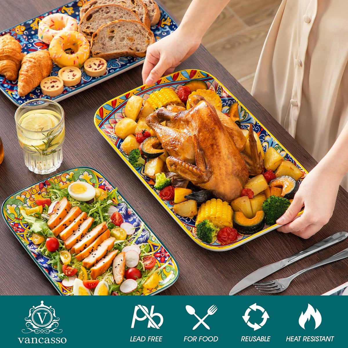 Serving Platters Set of 3, 16"/14"/12" In Rectangular Trays Retro | Ceramic Serving Dish for Entertaining Food