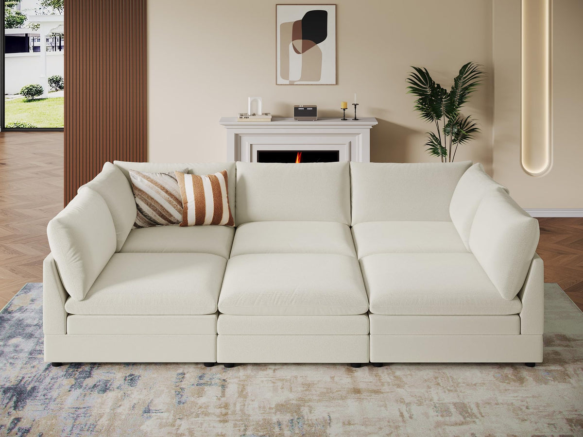 98" Large Cloud Modular Sectional Sofa with Ottoman, Beige Chenille