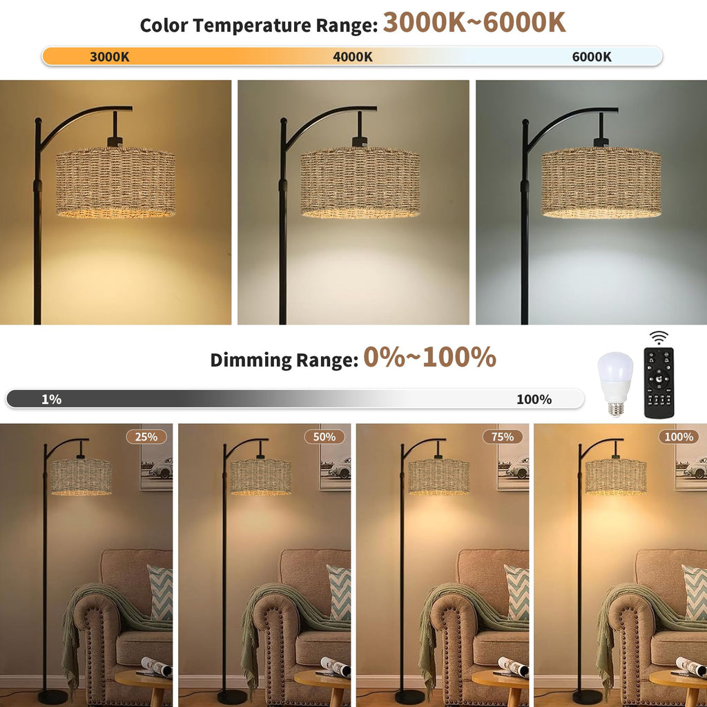Arc Rattan Floor Lamp with Remote, Black Floor Lamps with 3 Color Temperature Dimmable Bulb, Farmhouse Boho Standing
