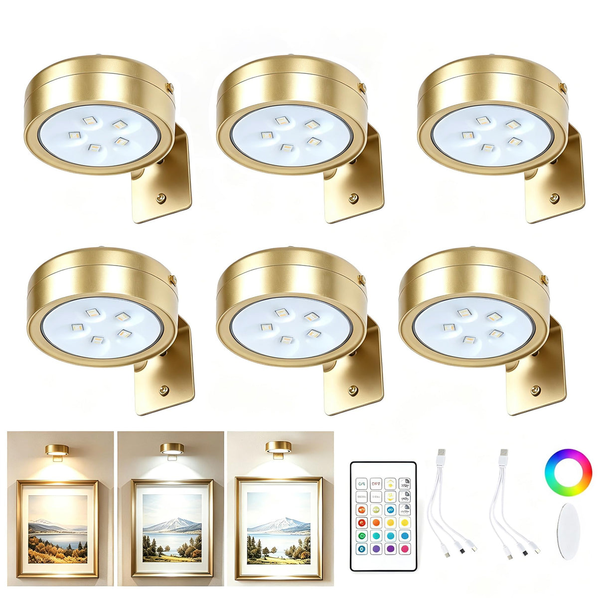 6 Pack Picture Lights for Wall, Rechargeable Magnetic Art Display Lights