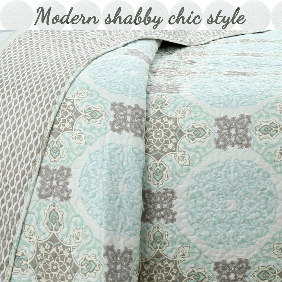 Mint Grey Modern Medallion Damask Reversible Quilt Bedding Set, Lightweight Bedspread Coverlet for All Seasons (Aqua