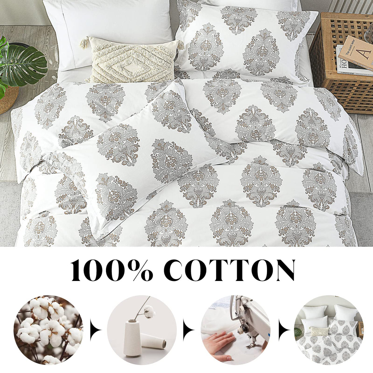 Damask Duvet Cover Set Queen Size, White Gray Paisley, 100% Cotton
