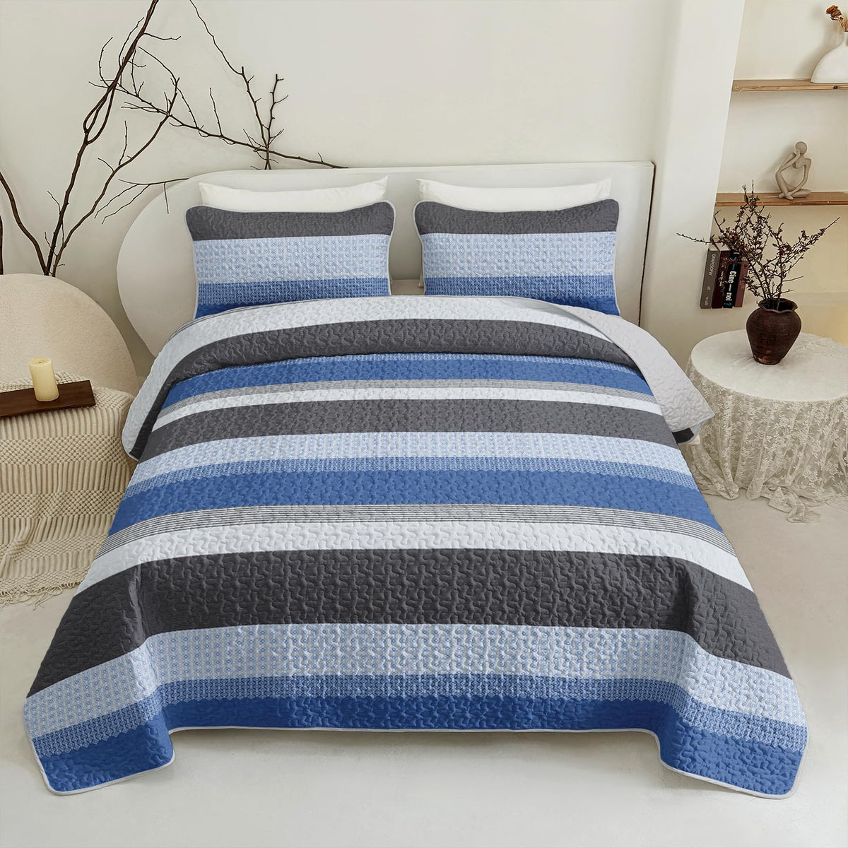 Grey and Blue Stripe Quilt Set, Grey Blue Boho Geometric Bedspread, 3 Pieces Patchwork Stripes Bed Cover