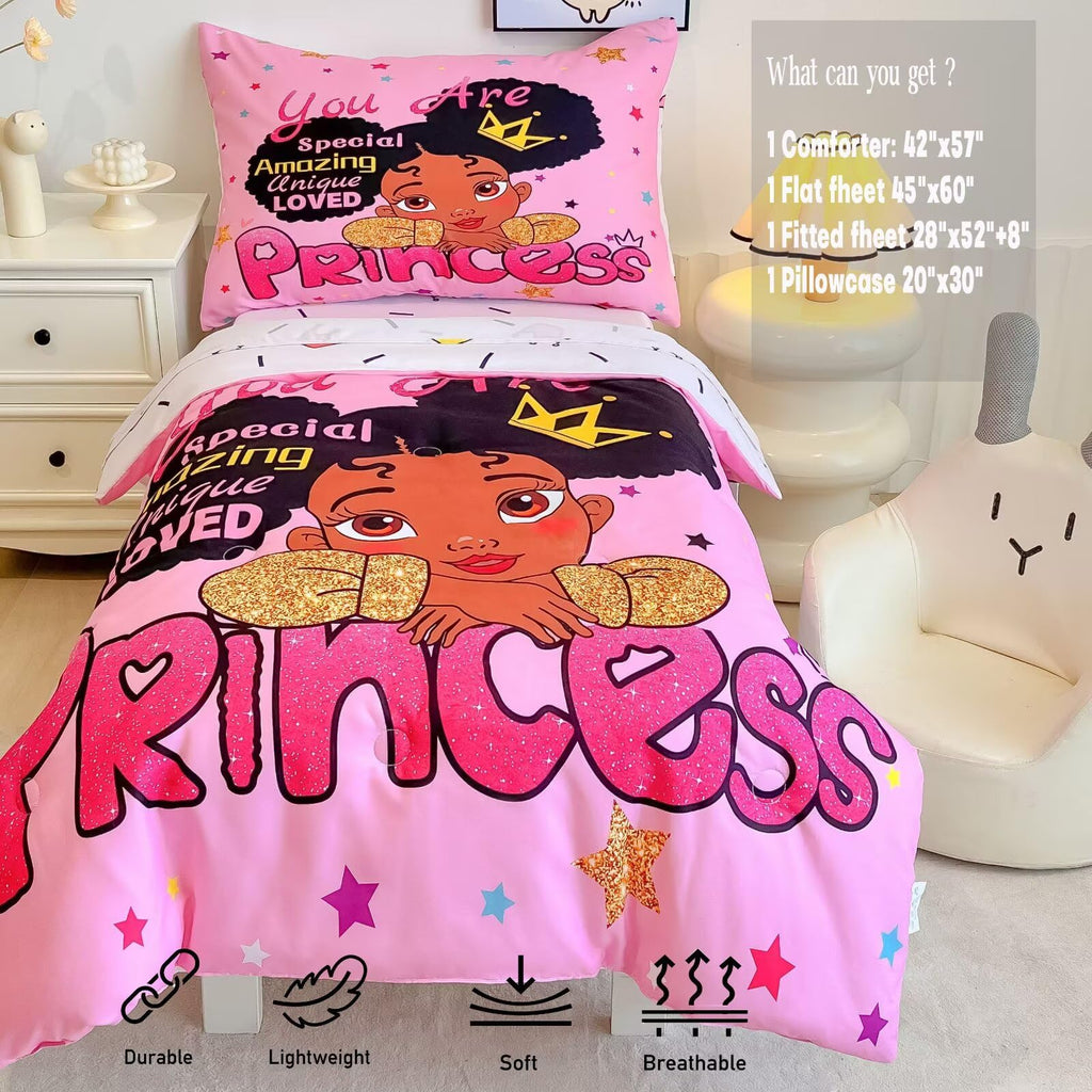 4 Piece Toddler Bedding Set for Girls,Toddler Black Girl Magic Comforter Set,Black Princess Toddler Bed Comforter Set