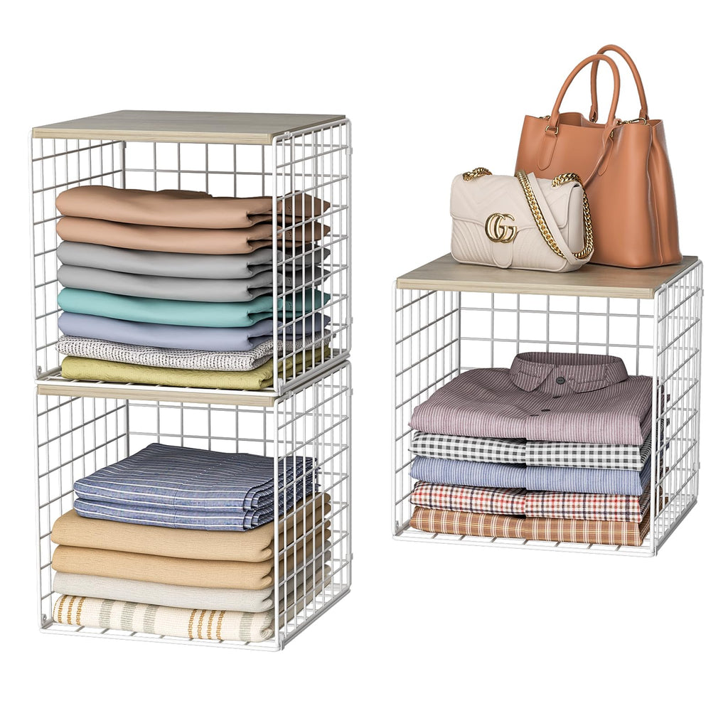 3PCS Stackable Closet Organizers and Storage, Closet Shelves with Wood Top Extra Storage, Clothes Storage Organizer