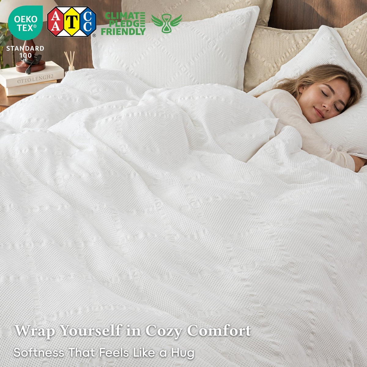 Luxury Textured Waffle Weave Duvet Cover Set, White