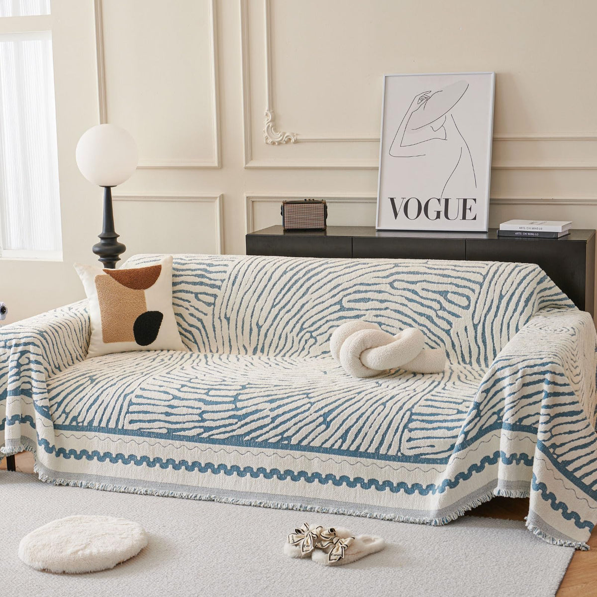 Thicked Striped Couch Cover with Tassel Blue Chenille Sofa Cover Blanket for Sectional Sofa, Soft Sofa Slipcovers for