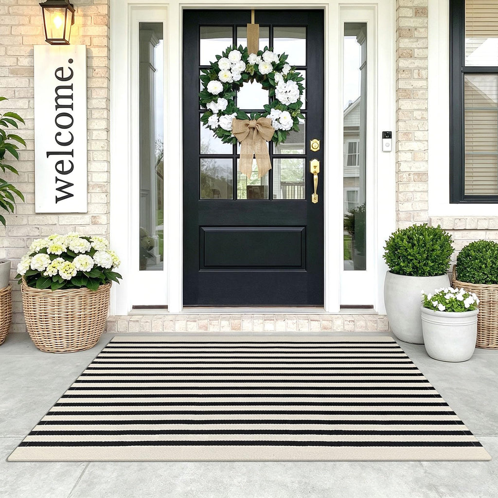 3'x5' Cotton Area Rug, Black and Beige Striped Outdoor Rug, Hand-Woven, Machine Washable, Perfect for Front Door