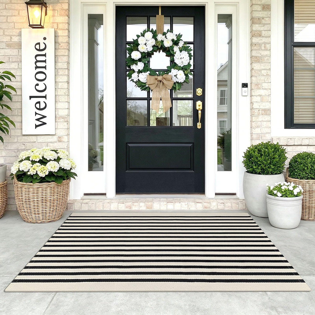 3'x5' Cotton Area Rug, Black and Beige Striped Outdoor Rug, Hand-Woven, Machine Washable, Perfect for Front Door