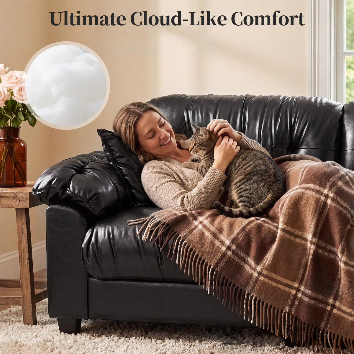 124" Black Leather U Shape Cloud Couch, 3 Seat Modular Sectional Sofa