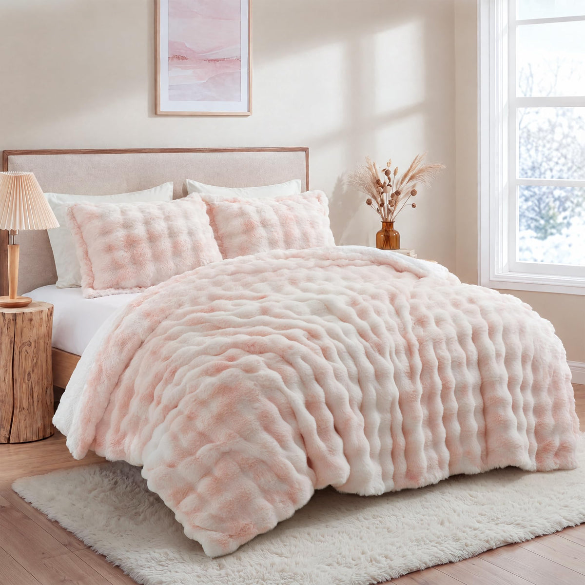 Faux Rabbit Fur Comforter Set, 3-Piece Reversible Sherpa Bedding, 450 GSM Faux Fur with Cozy Sherpa Reverse, 3D