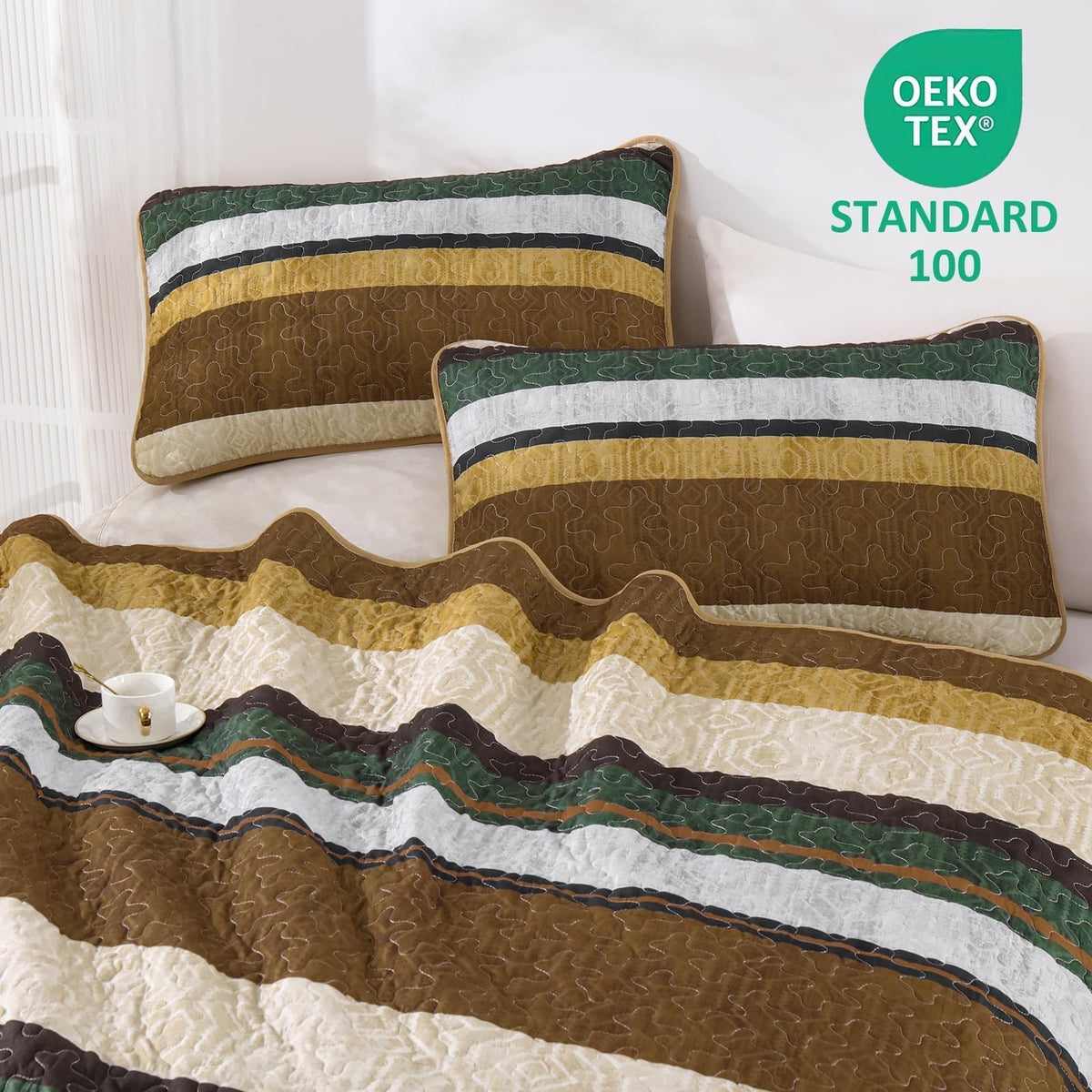 Stripe Quilt Bedding Set, Boho Brown Lightweight Bedspread