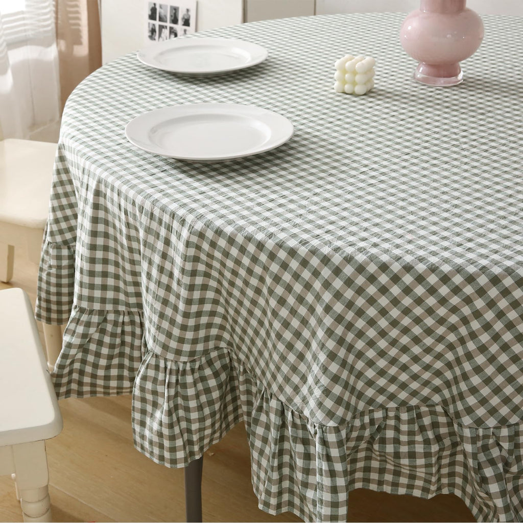 Sage Green White Gingham Tablecloth Round Dia.70"