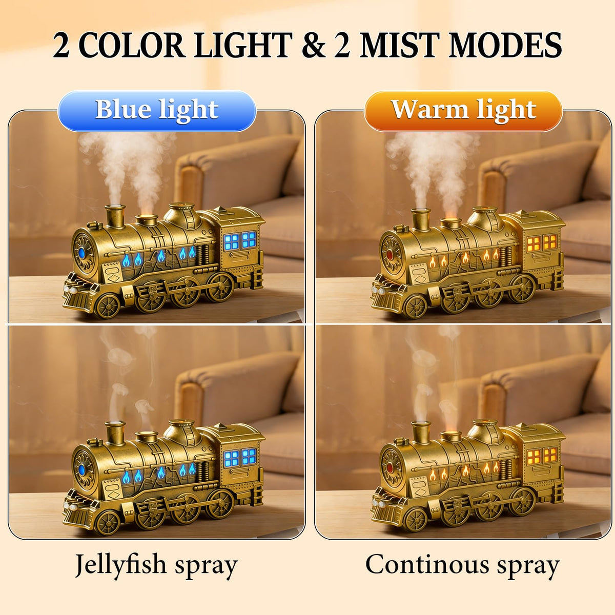 Train Diffuser Essential Oil Diffuser Cool Mist Humidifier Aroma Diffuser, 2 Color Light 2 Mist Modes, 3-in-1
