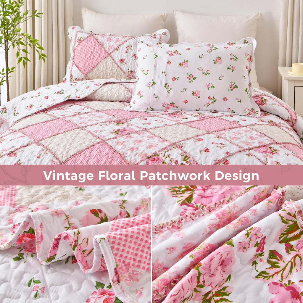 Pink Quilt Bedding Set, Floral Patchwork Reversible Quilts