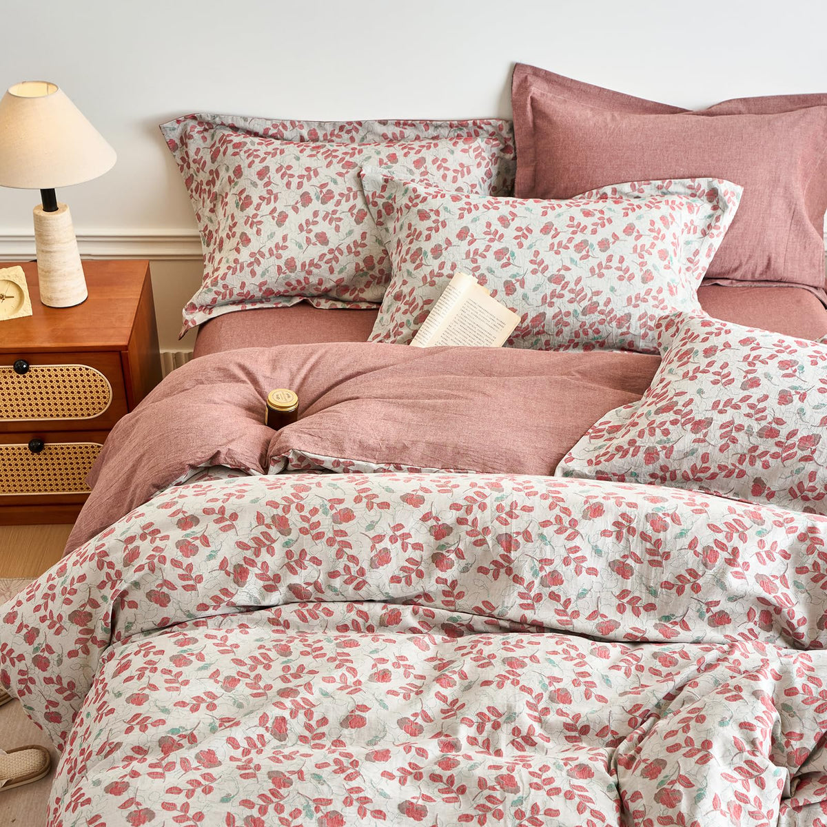 100% Washed Cotton Duvet Cover Set Vintage Red Floral Jacquard Texture Comforter Cover with 2 Pillowcases Boho