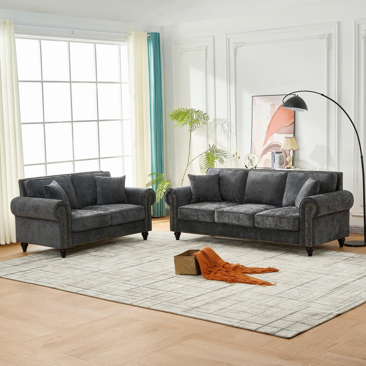 Chesterfield Sofa Set with Rolled Arms, Chenille Fabric 3-Seater and Loveseat Sofa Set with Wood Legs & Nailhead