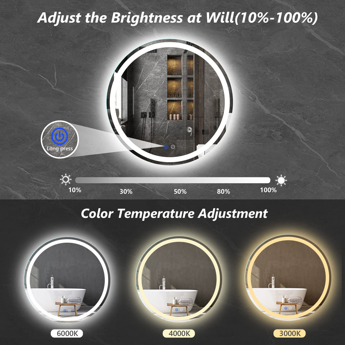 24 Inch LED Round Lighted Mirror, Bathroom Backlit Vanity Mirror Wall Mounted with 3000K/4000K/6000K Adjustable