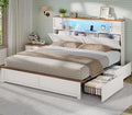 Farmhouse Bed Frame with Bookcase and Storage Cabinets Headboard, Wood Platform Bed with LED Lights