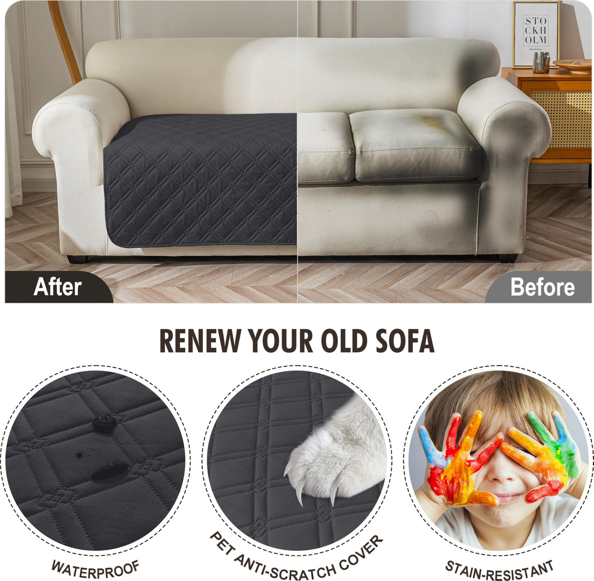 Waterproof Couch Cover, Washable Anti-Slip 78inch Sofa Covers with 3 Cushions, Sectional Couch Covers for Pets