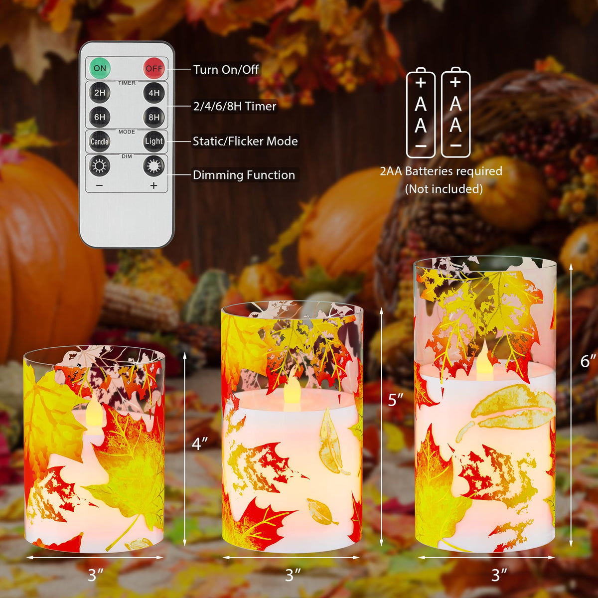 Fall Flameless Candles, Maple Leaf Battery Operated Candles with Remote
