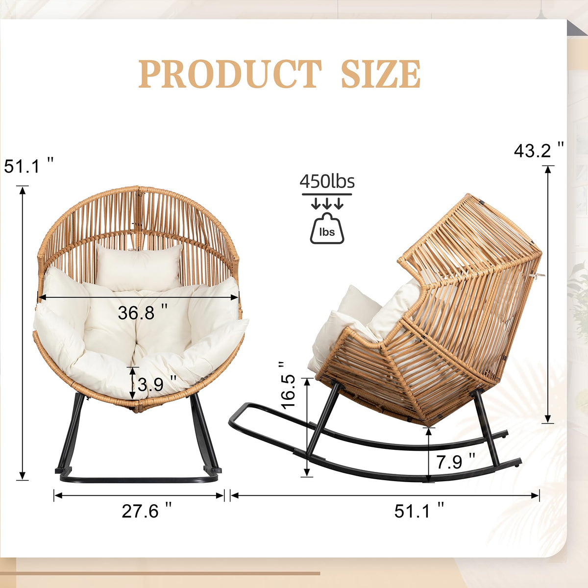 Wicker Rocking Egg Chair PE Rattan with Cushion, Oversized Patio Lounge Rocker Chair for Outdoor, Indoor, Balcony