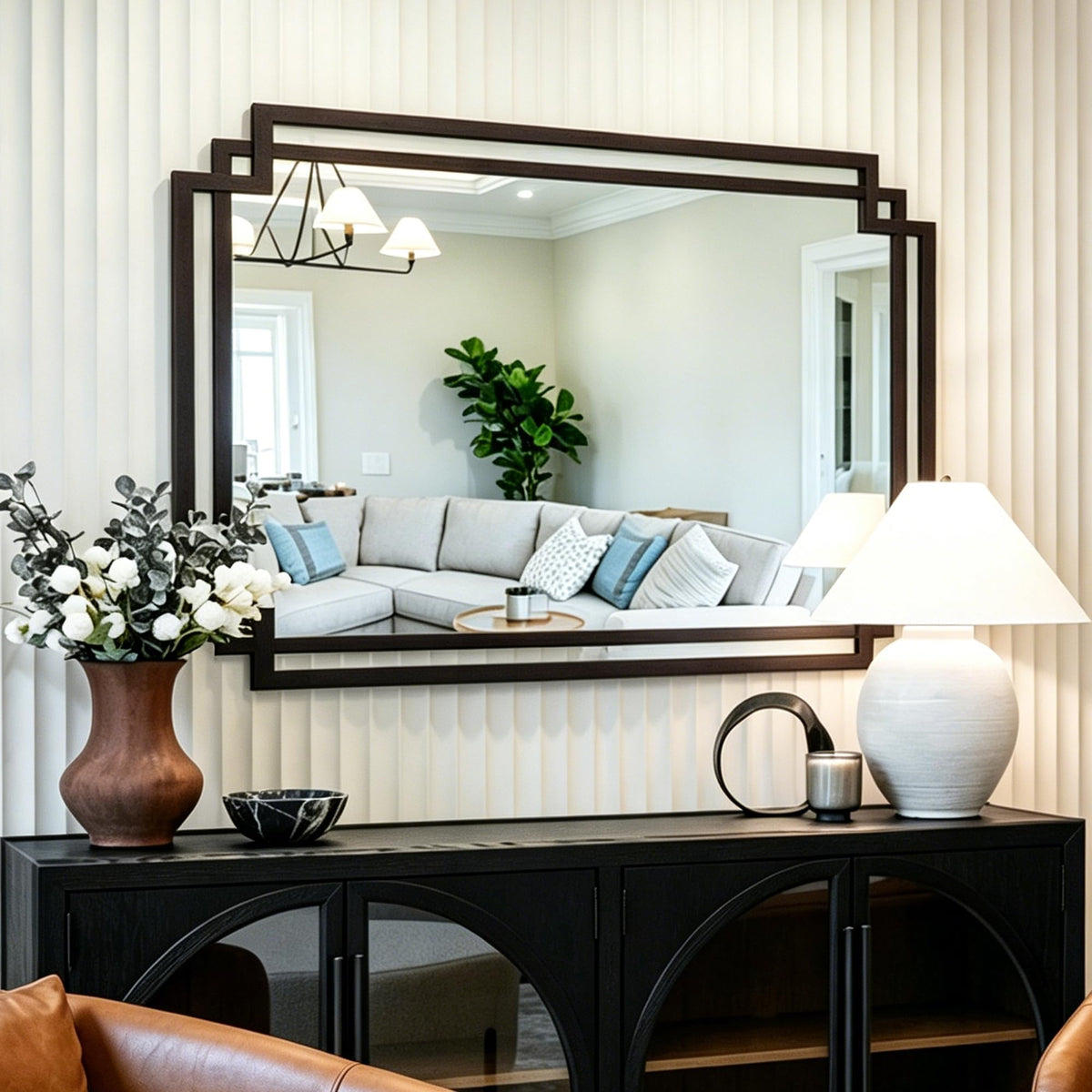 32" x 47" Large Wall Mirror Decor, Black Decorative Mirror with Irregular and Rectangular Metal Frame